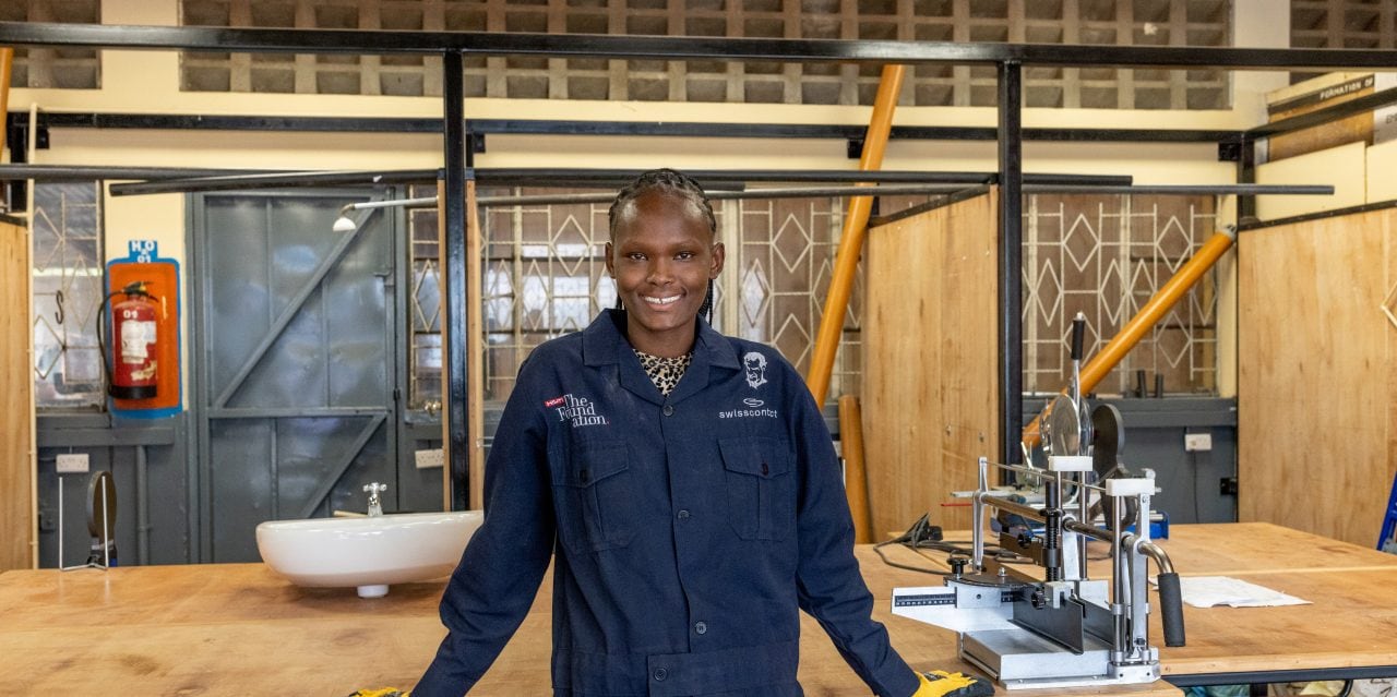 Ruth Wairimu, 22, poses for a portrait at Don Bosco Boys Town Technical Institue in Nairobi, Kenya, on July 3, 2023. Ruth has been training as a plumber since November 2022 when she joined the program. “ I chose plumbing because I feel it s a male-dominated field and people think that because you’re a female you cannot do it.”