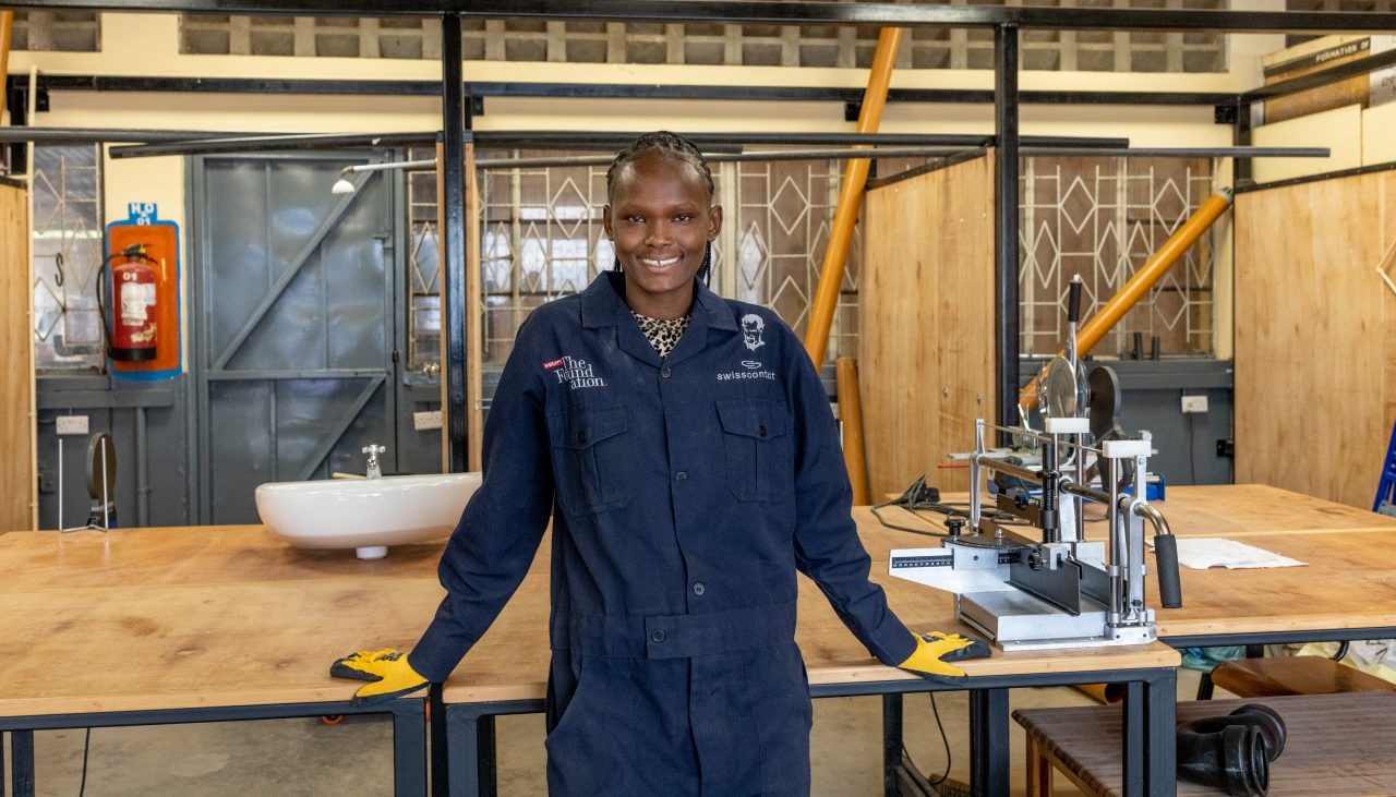 Ruth Wairimu, 22, poses for a portrait at Don Bosco Boys Town Technical Institue in Nairobi, Kenya, on July 3, 2023. Ruth has been training as a plumber since November 2022 when she joined the program. “ I chose plumbing because I feel it s a male-dominated field and people think that because you’re a female you cannot do it.”